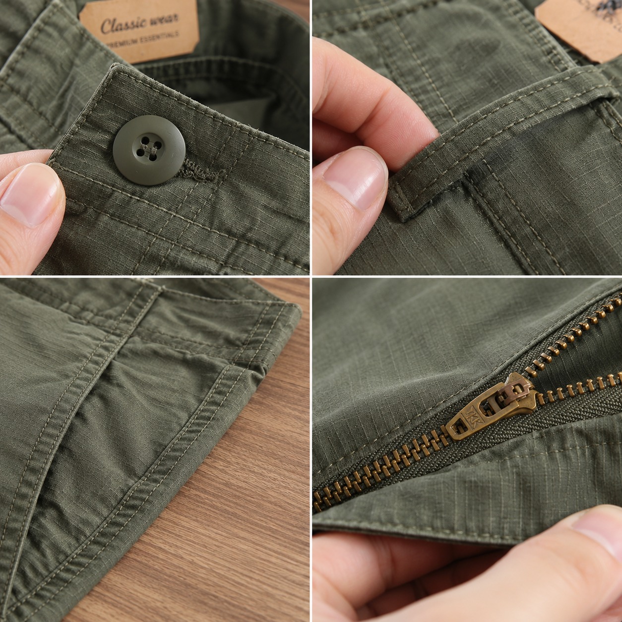Detalhes do botão, passante, bolso e zíper da calça de sarja