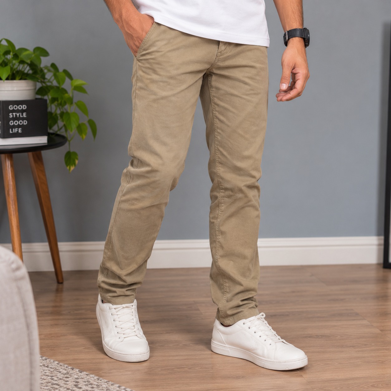 Calça de sarja masculina caqui em uso