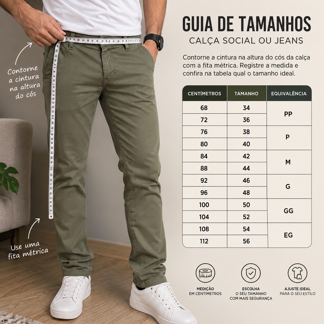 Tabela de medidas das calças por tamanho