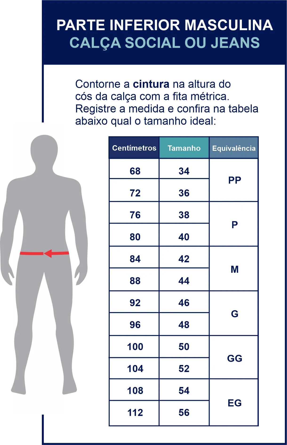 Tabela de medidas das calças por tamanho